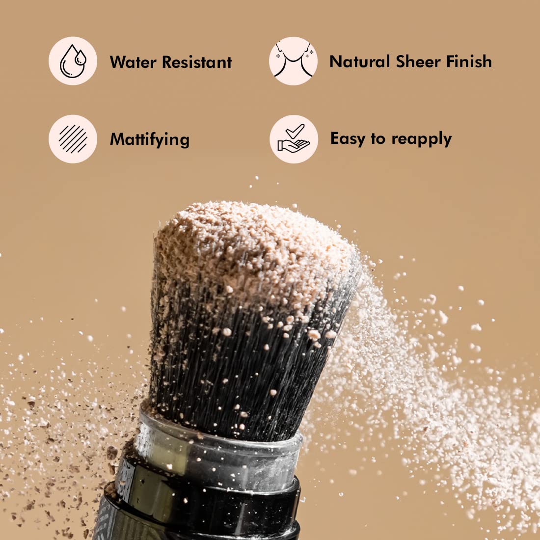 Makeup brush with powder being applied on a beige background with product features listed.
