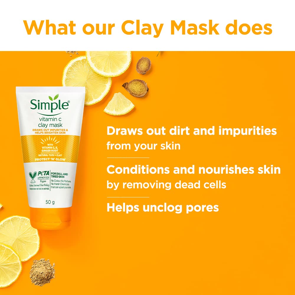Simple vitamin C clay mask with lemon slices and clay on an orange background