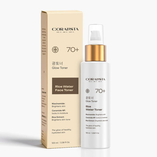 Coralista rice water face toner bottle and packaging on a white background