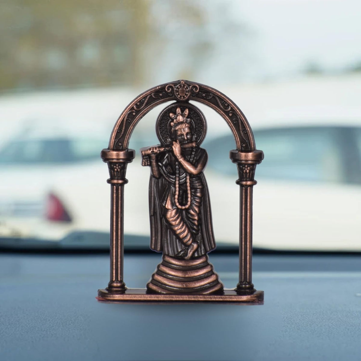 Sri Krishna with Bansuri Pose in Frame Idol for Car Dashboard – Copper Finish Decorative Murti Spiritual Krishna Ji Showpiece (S963-CPR)