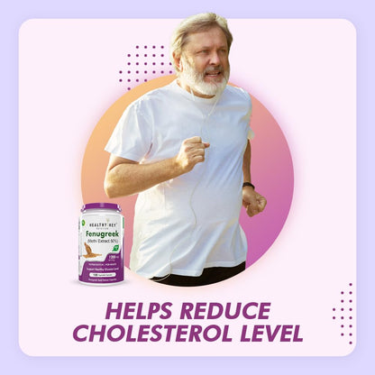 Man running with a bottle of Fenugreek supplement on a light purple background