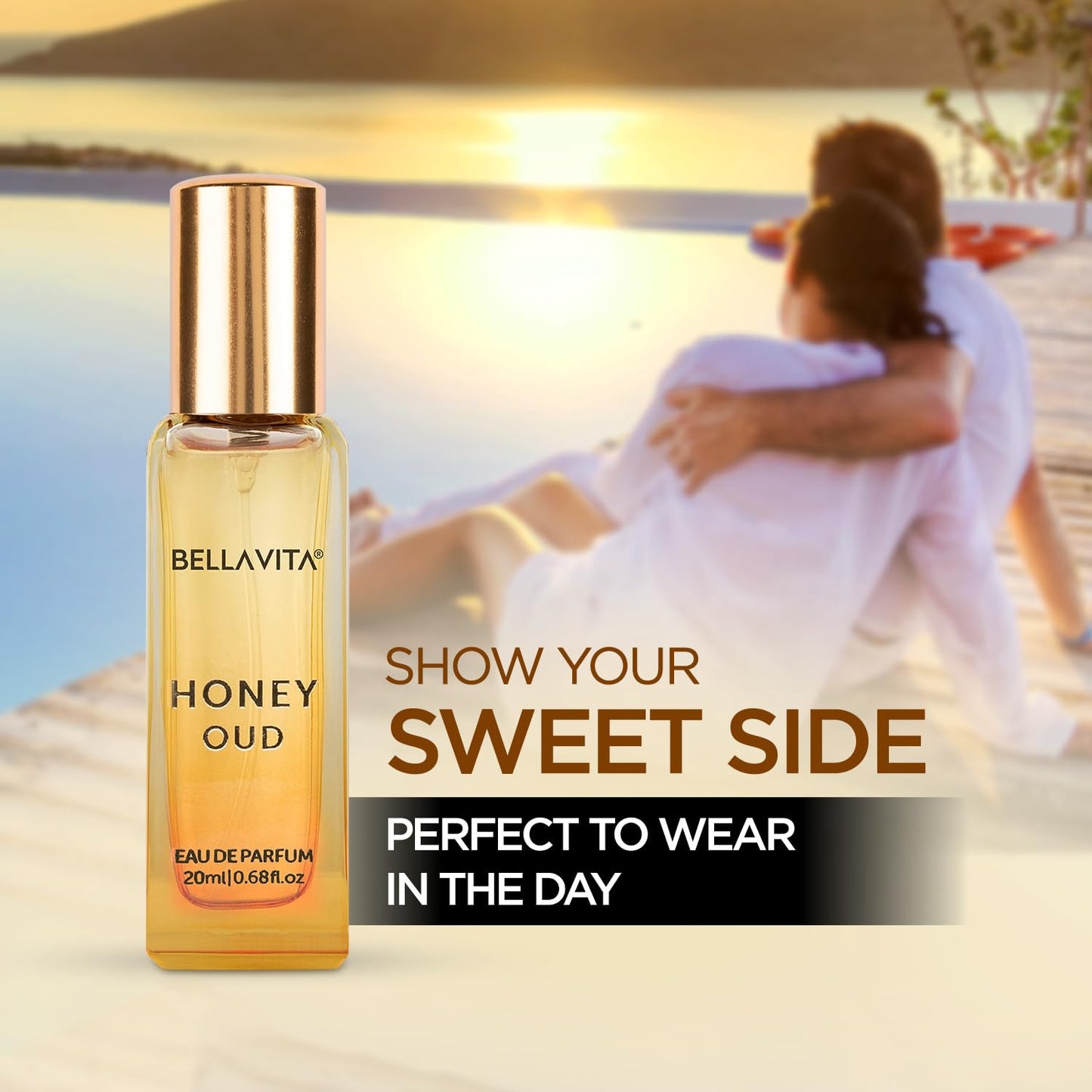 Bellavita Honey Oud perfume bottle with a couple embracing at sunset in the background