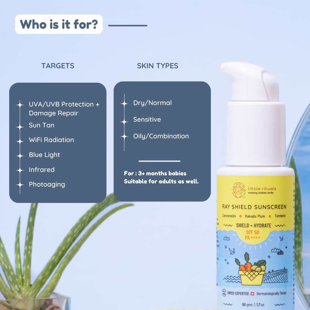 Little Rituals Baby Sunscreen for Kids 0-15 Yrs SPF 50 PA++++ Organic & Natural Lotion, UVA UVB IR, Blue Light, Wifi Radiation, Protection, Hypoallergenic, SWISS Tech, Daily Use Sunblock - 50gm