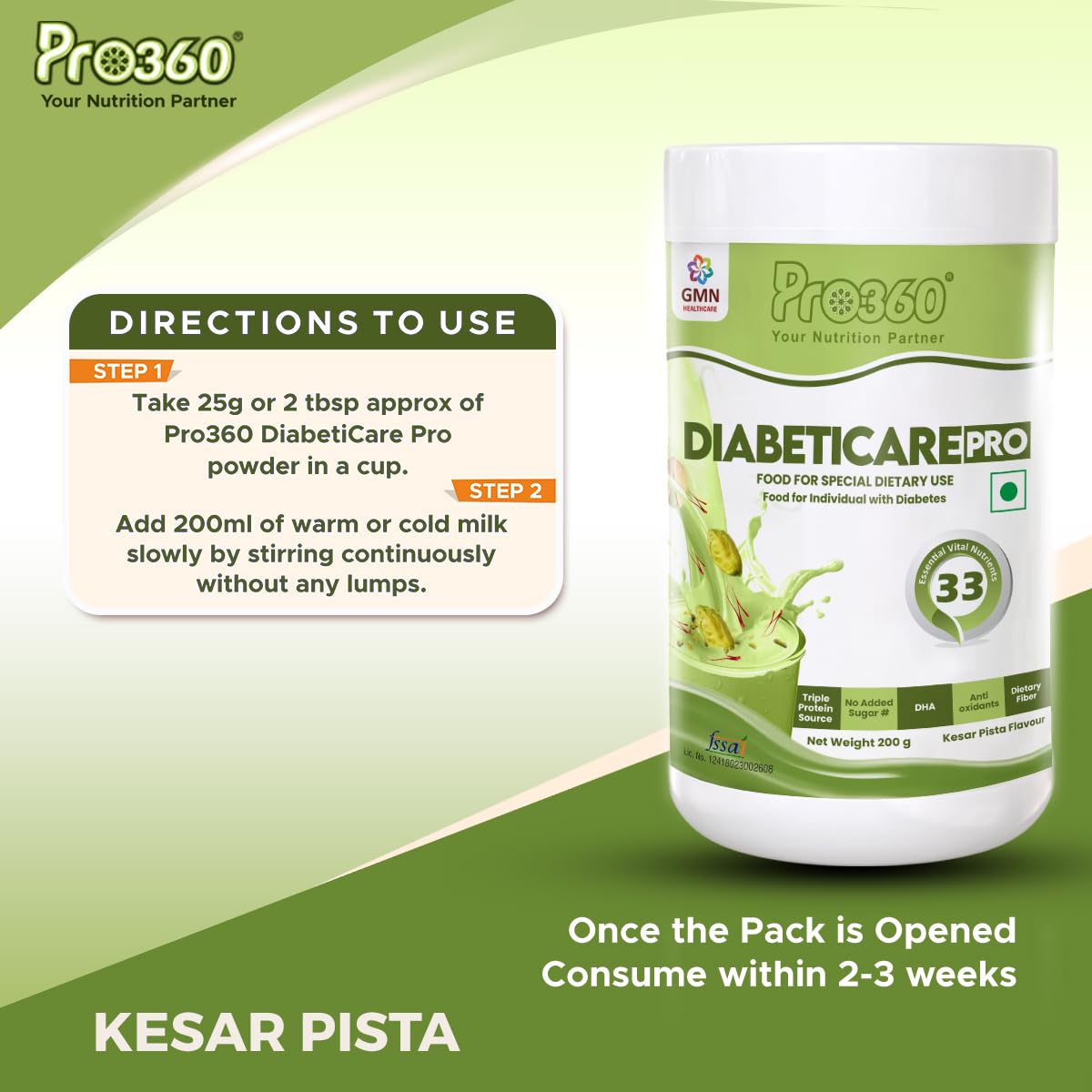 Pro360 Diabetic Care Protein Supplement Powder for Dietary Management of People With Diabetes - Helps in Managing Blood Glucose - No Added Sugar - Kesar Pista Flavor - 200g