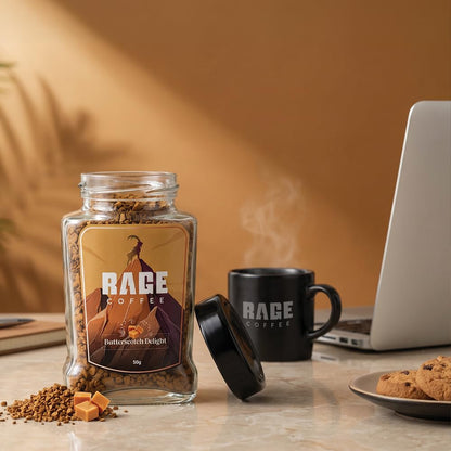 Rage Coffee Butterscotch Delight Flavour - Premium Arabica Instant Coffee (Make Delicious Hot/Cold Coffee) | (Butterscotch Delight, 50g)