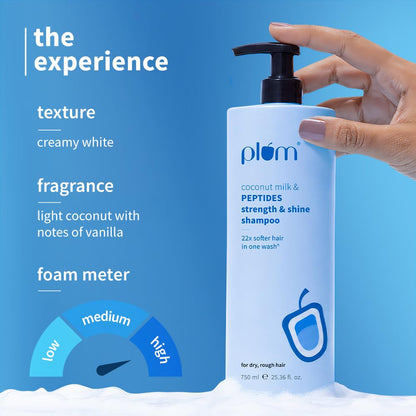 Plum Coconut Milk & Peptides Strength & Shine Shampoo | 22X Smoother Hair | With Coconut Milk & Pea Peptide | Smoothening & Strengthening | Paraben-Free, 100% Vegan, 750ml