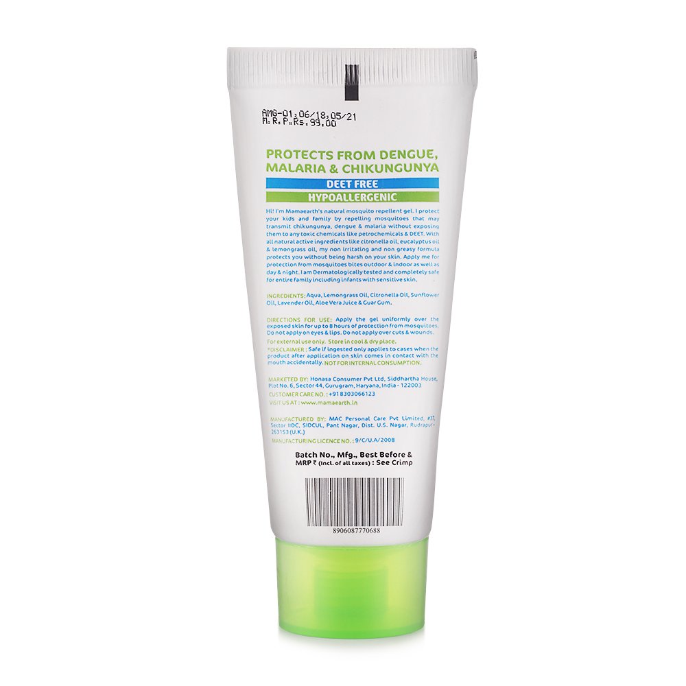 Mamaearth Natural Mosquito Repellent Gel - 50 ml | Infused with Citronella Oil, Lemongrass Oil & Peppermint Oil | DEET Free, Protects from Dengue, Malaria & Chikungunya