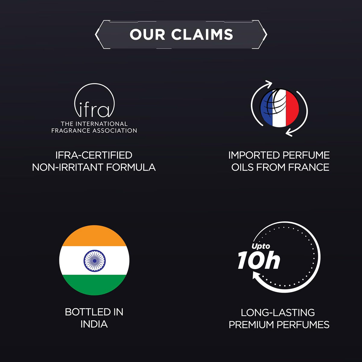 List of product claims including IFRA certification, imported perfume oils from France, bottled in India, and long-lasting premium perfumes on a black background.