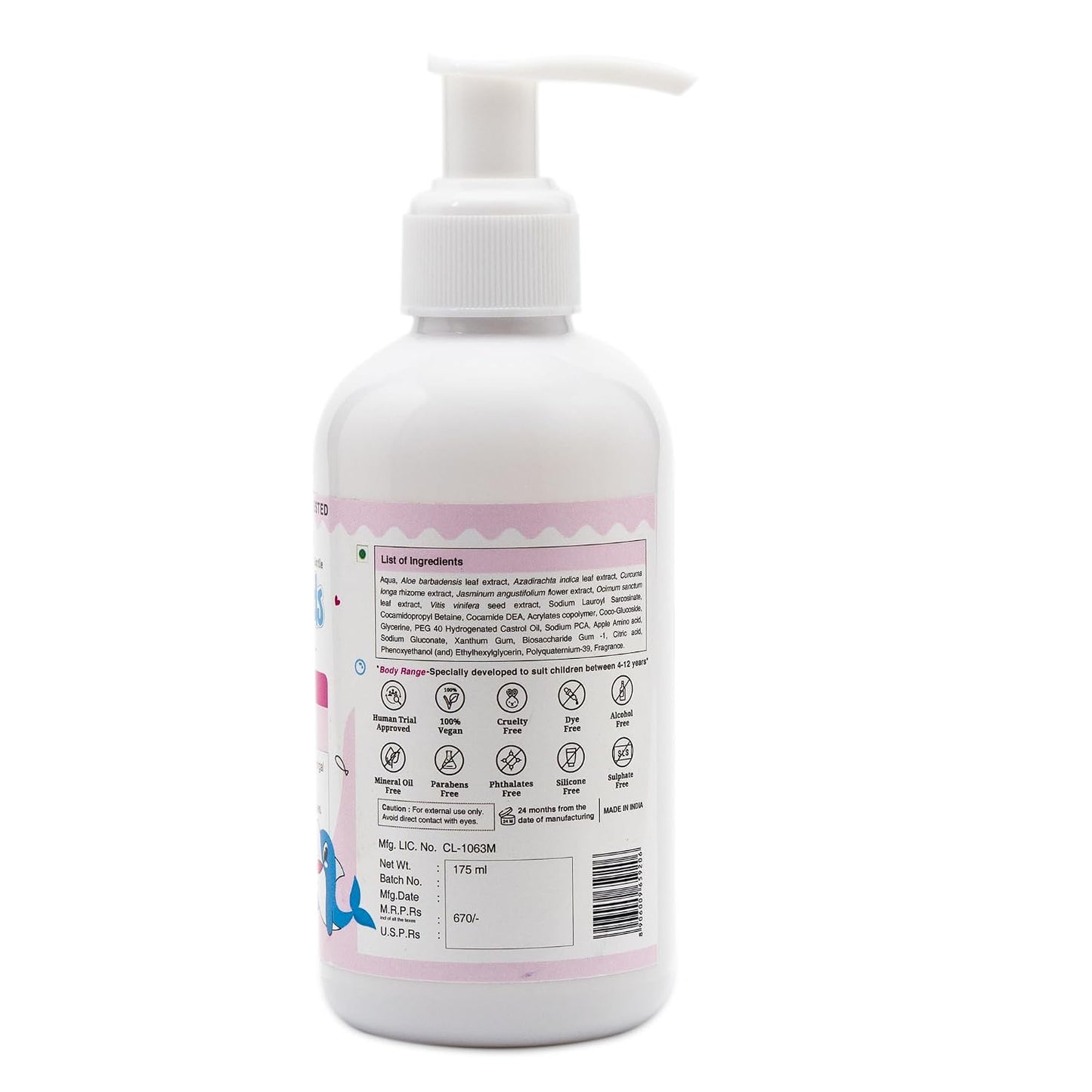 Simply Kids Body Wash for 4-12 Years | Aloe Vera, Grapeseed & Neem | Gentle, Hydrating & Nourishing | Soothes & Protects Skin | Hypoallergenic | Antibacterial & Antifungal | Dermatologically Tested | All Skin Types | 175ml