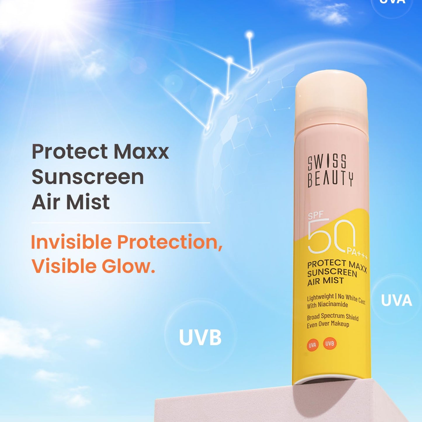 Swiss Beauty Protect Maxx Sunscreen Air Mist bottle with a blue sky background