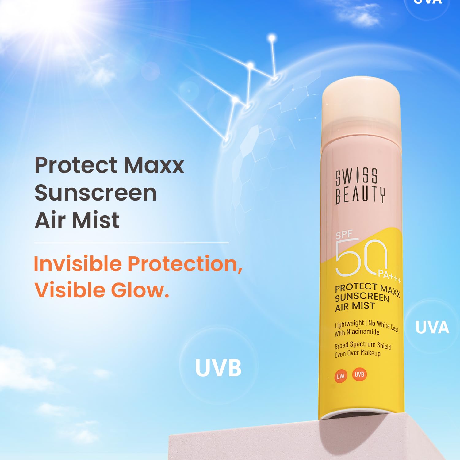 Swiss Beauty Protect Maxx Sunscreen Air Mist bottle with a blue sky background