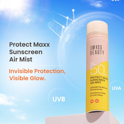 Swiss Beauty Protect Maxx Sunscreen Air Mist bottle with a blue sky background