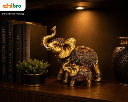 Decorative Elephant Showpiece for Home Décor | Resin Lucky Elephant Statue with Mother & Baby Design | Tabletop Feng Shui Good Luck Idol (Golden Elephant Family)