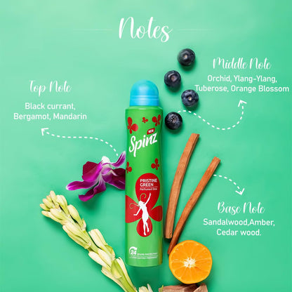 SpinZ Pristine Green Perfumed Aerosol Deo For Women, With International Fragrances For Long Lasting Freshness And 24 Hours Protection From Odour Causing Bacteria, 200Ml