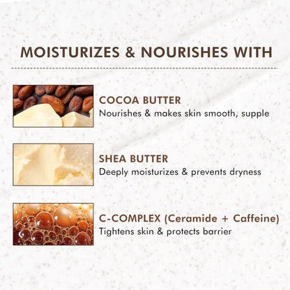 Text describing moisturizing ingredients with images of cocoa butter, shea butter, and C-complex on a textured background.