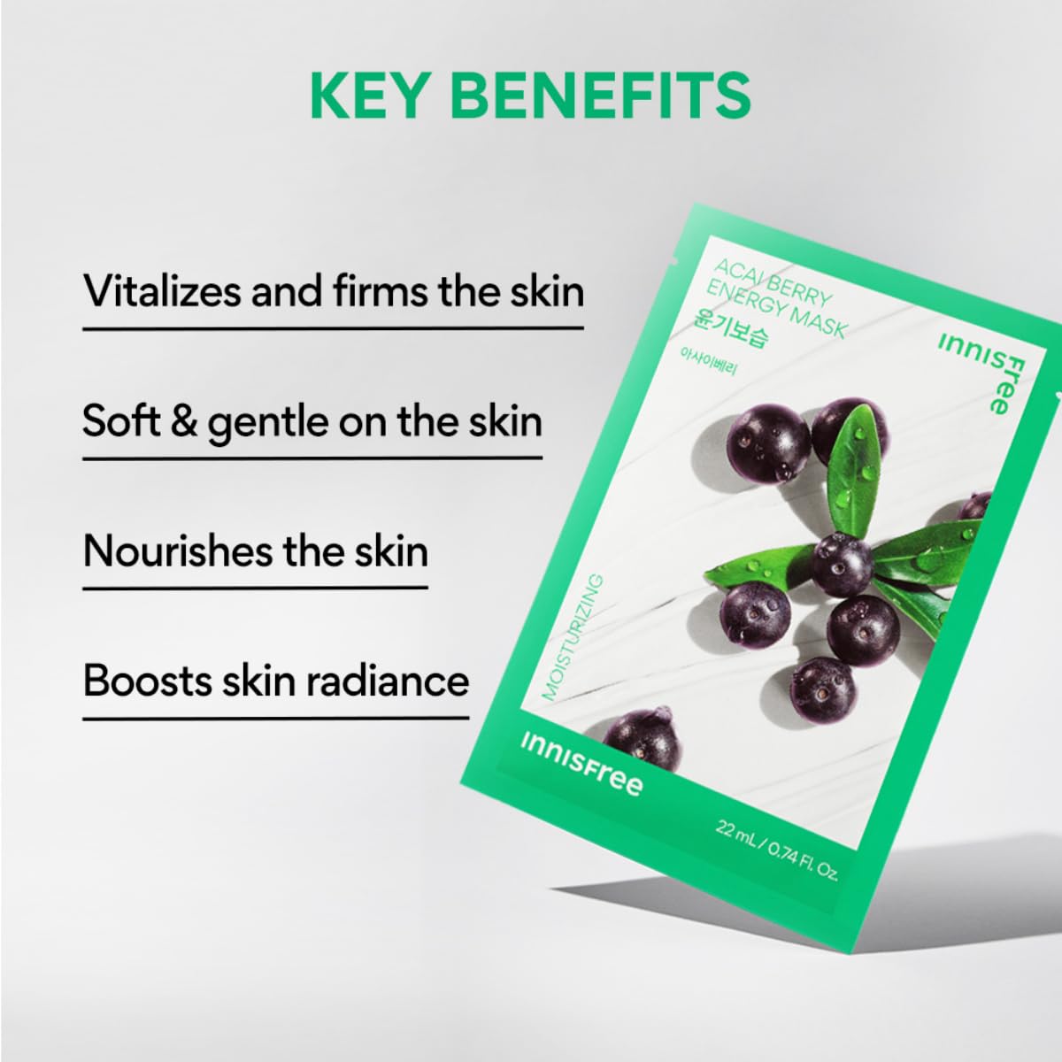 Innisfree Acai Berry Energy Sheet Mask 22ml | Korean Skincare with Antioxidant-Rich Acai Berry Extract | Revitalizes & Nourishes Dull Skin | Soft Cotton Sheet for a Radiant, Healthy Glow