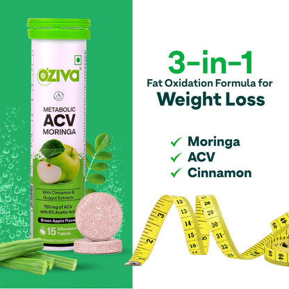OZiva ACV Moringa | Control Cravings I Apple Cider Vinegar, Cinnamon I No Maltodextrin & No Added Sugar I 15 Effervescent Lemon Masala & Green Apple, Pack of 2 (30 Tablets)