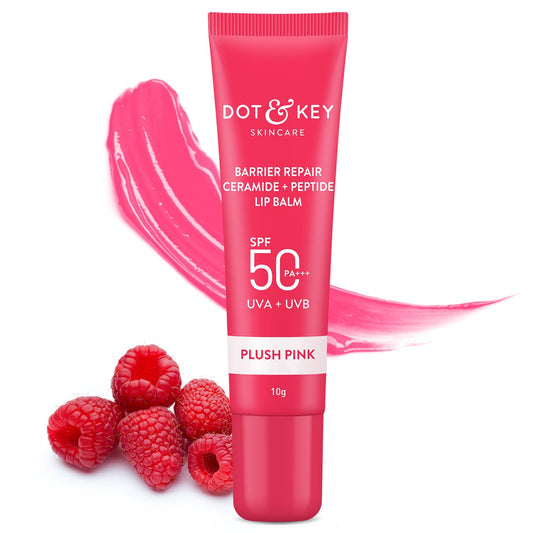 Zephivo Dot & Key Ceramide & Peptide Barrier Repair Lip Balm SPF 50, PA+++ |Plush Pink | UVA/UVB Lip Protection | Soft Tinted Lip Moisturizer | Boosts Collagen & Instantly Plumps Lip | Prevents Pigmentation | Lip Balm for Women | 10gm
