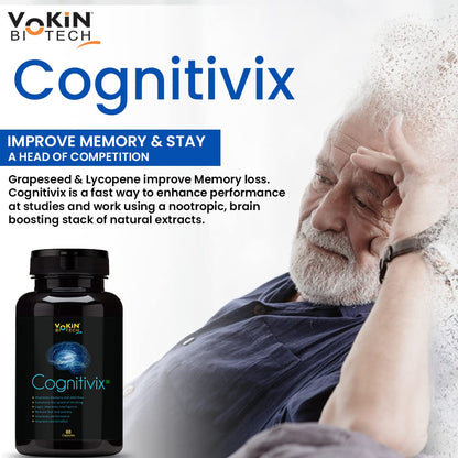 Advertisement for Cognitivix brain supplement with an elderly man and product packaging.