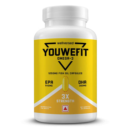 YouWeFit Triple Strength Omega 3 Fish Oil Capsules - Soft Gels With 540mg EPA & 360mg DHA To Support Heart & Joint Health | Omega 3 Supplement 1250mg