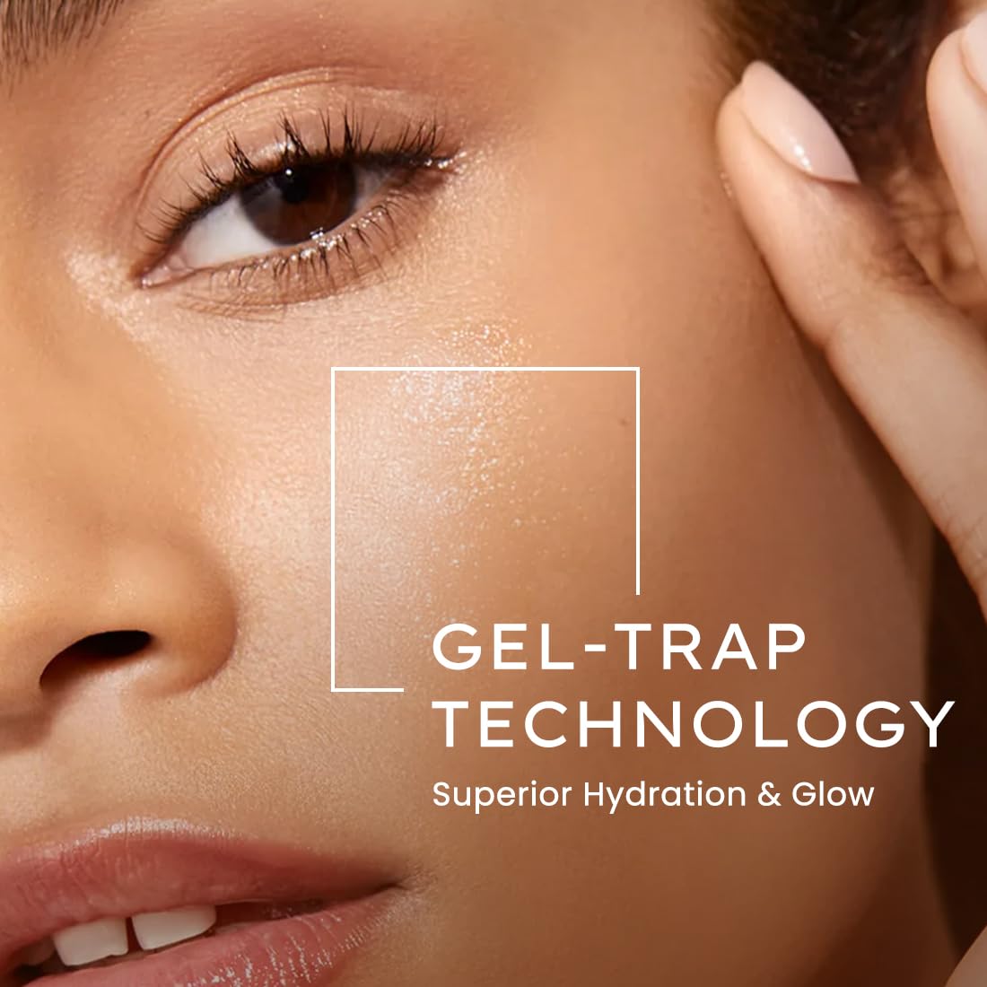 Close-up of a woman's face with 'Gel-Trap Technology' text overlay