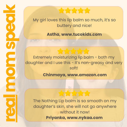 Product packaging with customer reviews and 'real mom speak' branding.