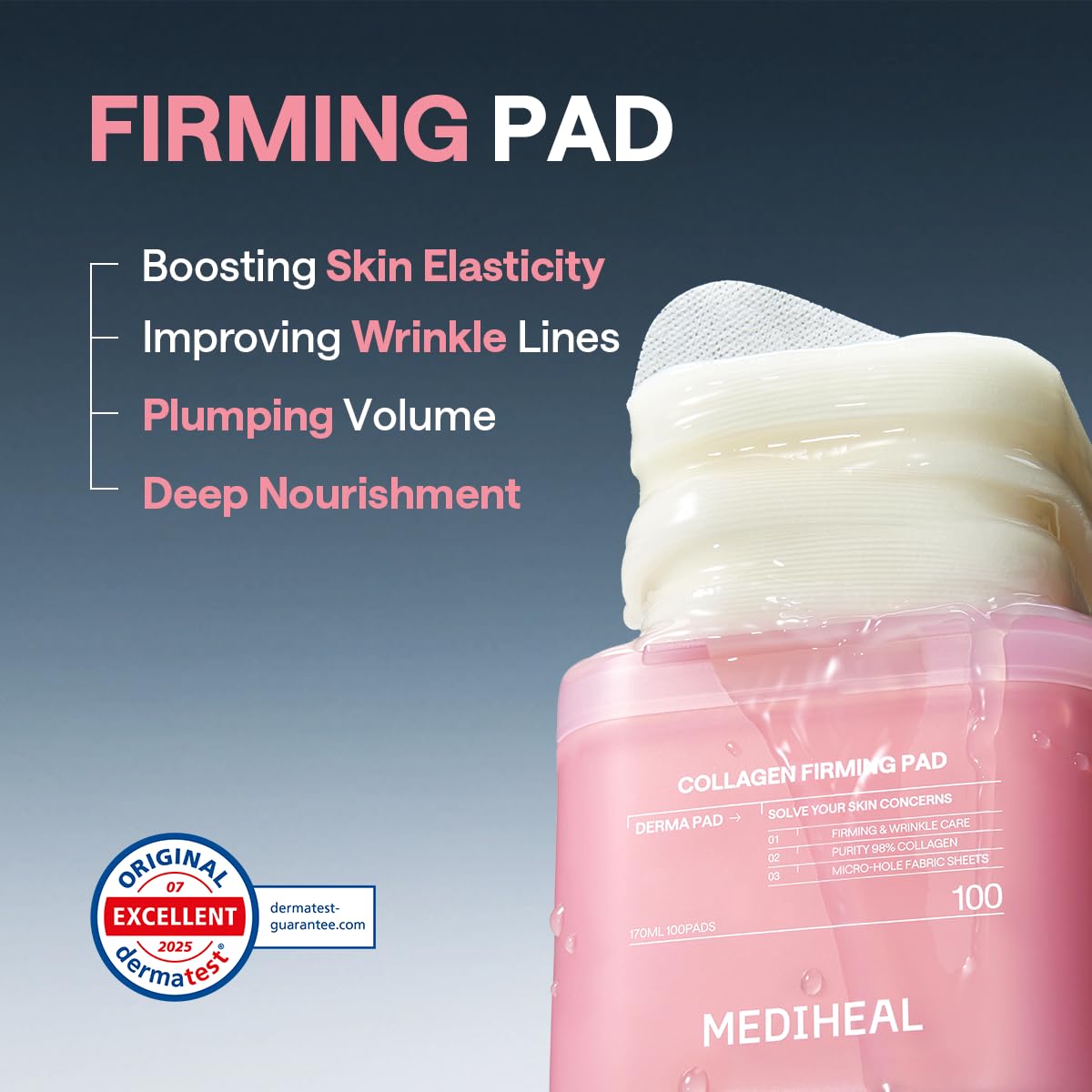MEDIHEAL Collagen Toner Pads, Skin Firming Korean Facial Pads with 98% Low-Molecular Collagen, Peptides & Retinol, Helps Restore Skin Elasticity, Removes Wrinkles & Fine Lines, Hydrating Daily Toner, Vegan (100 Count, 170ml)