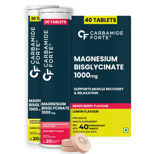 Carbamide Forte Magnesium Supplements Bisglycinate Effervescent Tablets 1000mg | Magnesium Glycinate Tablets | Supports Sleep, Muscle Cramp & Nerve Function - 2 X 20 Tablet - Lemon & Mixed Berry Flavour