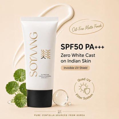 Soyaang Oil-Free Centella Sunscreen SPF50 PA+++ for Indian Men with Niacinamide, Zinc Oxide & Madecassoside | No White Cast | Lightweight, Pore-Minimising Sun Protection | 50g