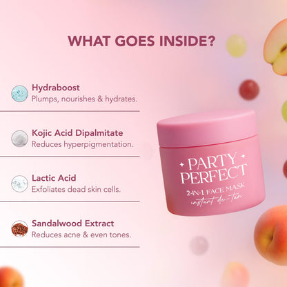 Pink face mask jar labeled 'Party Perfect' with ingredients listed on a pink background.