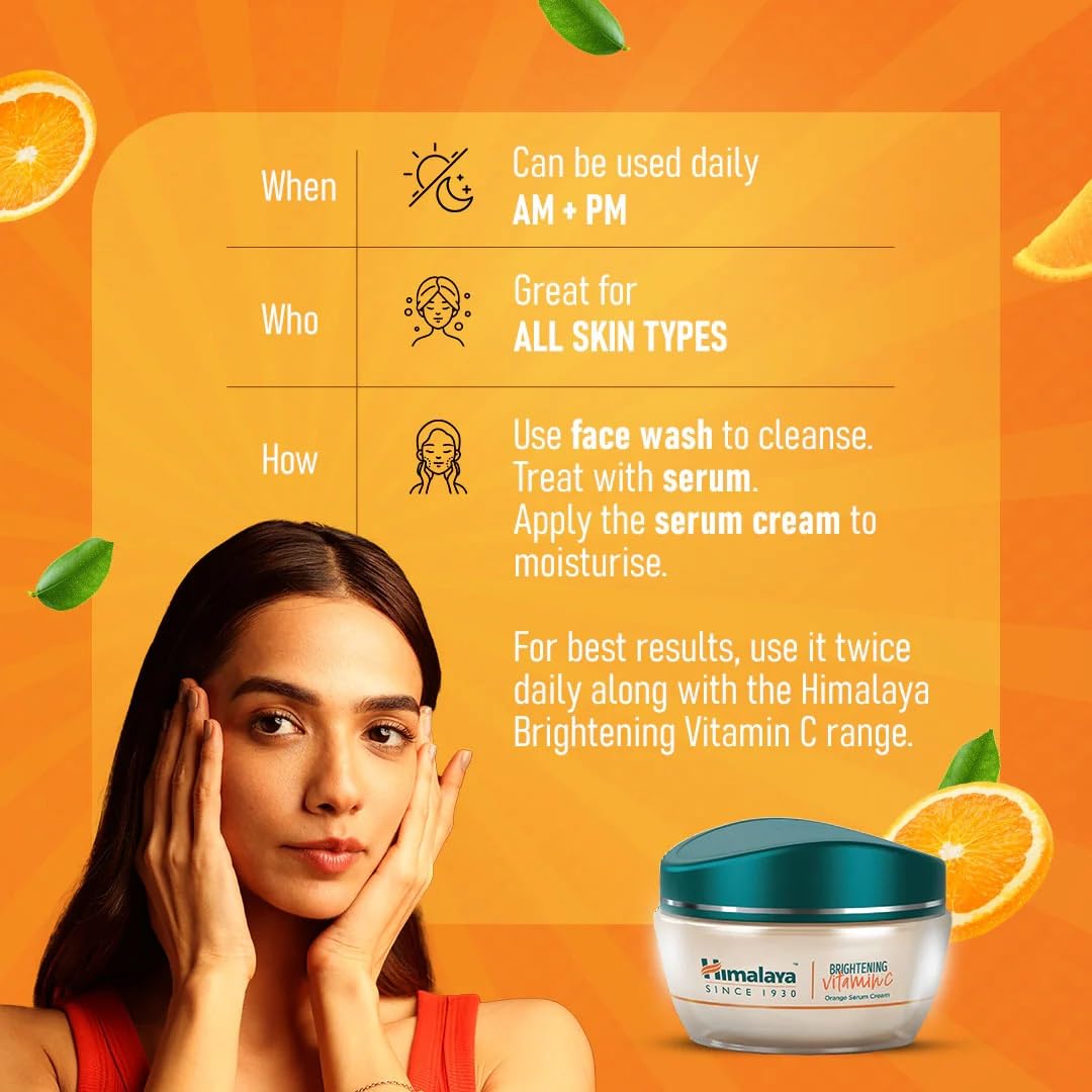 Himalaya Brightening Vitamin C skincare product with usage instructions on an orange background