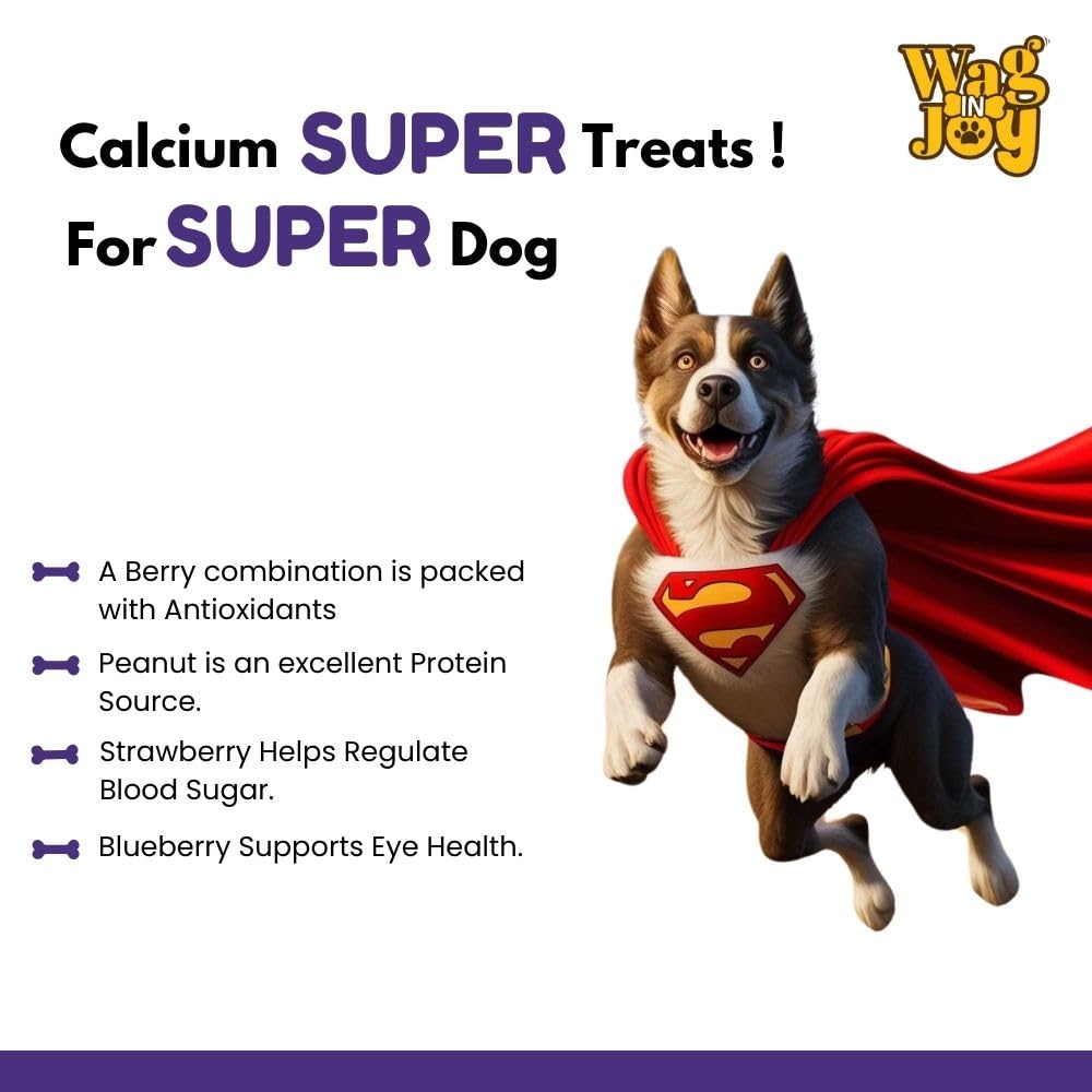 WAG IN JOY Calcium Super Treats Sticks 125 GMS | 100% Vegetarian Dog Treat|| Strong Bones and Joint| with Omega 3| Dog Food| Pack of 1|Blueberry & Strawberry with Peanuts|,Young
