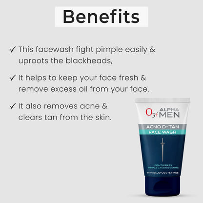 O3+ ALPHA MEN Acno D-TAN Face Wash with Tea Tree 100g for Oily Skin | Detan Face Wash for TAN Removal | Removes Acne and Dirt