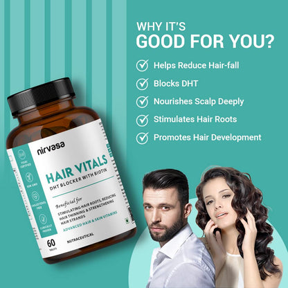 Nirvasa Hair Vitals DHT Blocker with Biotin (650mg) – 60 Tablets | Supports Hair Growth, Strength & Thickness | Reduces Hair Fall & Breakage | With Beta-Sitosterol | For Men & Women