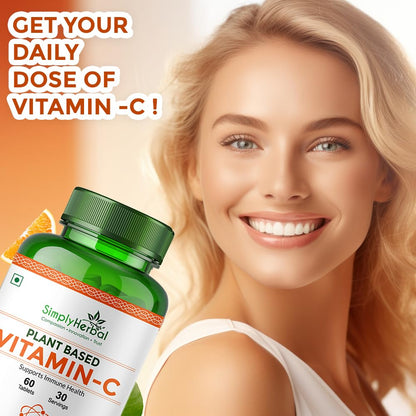 Simply Herbal Plant Based Vitamin C Tablet for Glowing Skin & Face, Ascorbic Acid, Amla Extract, Skin Glowing Supplement Promote Beauty & Health for Men & Women - 60 Tablets