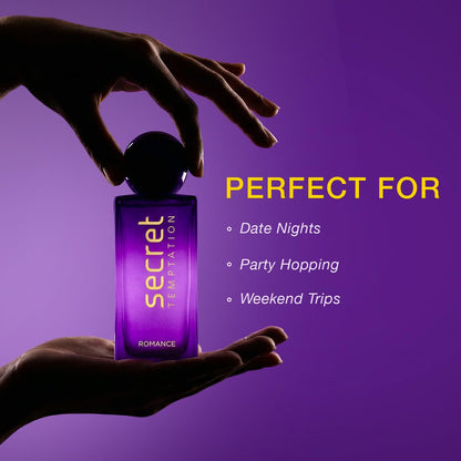 Purple perfume bottle held by a hand with promotional text on a purple background