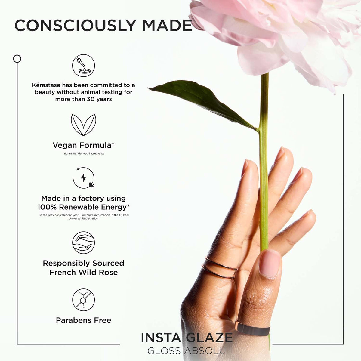 Hand holding a pink flower with Kérastase product information on a white background