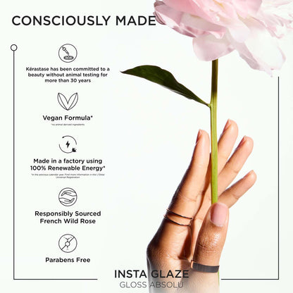Hand holding a pink flower with Kérastase product information on a white background