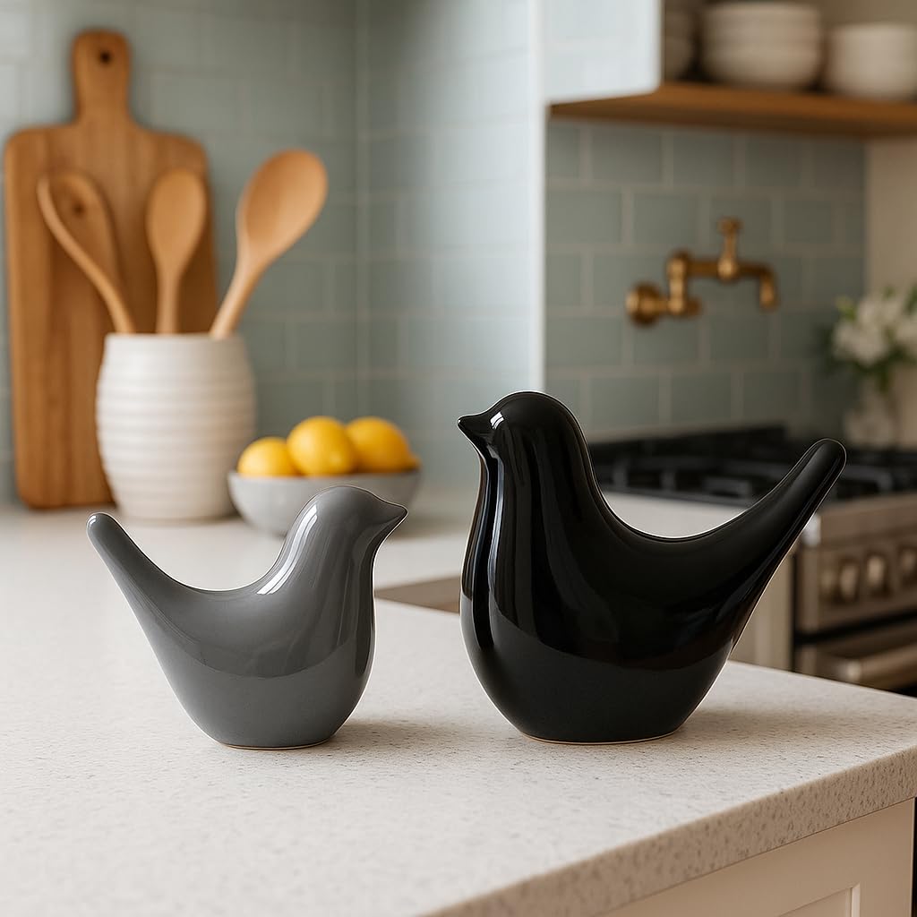 Creative Black and Grey Glossy Ceramic Birds Figurines Home Decorations Accessories Party (Pack of 2, Black and Grey)