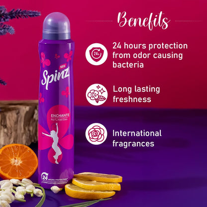 Spinz Enchante Perfumed Deo for Women | International Floral Fragrance | Long-Lasting Freshness & 24H Odour Protection Body Spray | 200ml