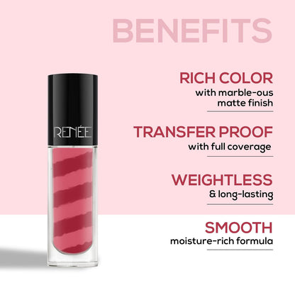 RENEE Marble Liquid Lipstick - LM01 Cara 4.5ml, Rich Color Payoff & Matte Finish| Weightless, Unique Long Lasting Formula, Transfer & Smudge Proof| Enriched with Vitamin E & Jojoba Oil