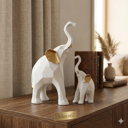 Decorative Elephant Figurines, Resin, 20 cm Height, Set of 2, Standing Statues Geometric Showpiece for Home Decor | Housewarming Gift (White Elephant)