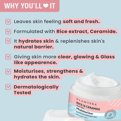 Glamveda Korean Rice & Ceramide Moisturizer Cream For Dry Skin | Face Moisturizer for Glowing Skin | Skin Barrier Building & Nourishing | Reduce Fine Lines Wrinkles & Age Spots | Women & Men | 50ml