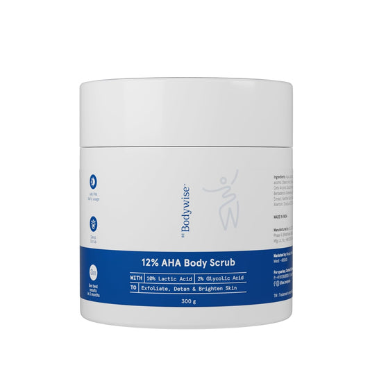Be Bodywise 12% AHA Body Scrub | Exfoliating Scrub with Glycolic Acid & Lactic Acid | Smoothens Strawberry Skin & Rough Bumps | Oat & Aloe Extract for Hydration | Vitamin E for Skin Protection | 300g