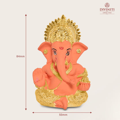 24K Gold Plated Resin Lord Ganesha Idol for Car Dashboard, Tabletop|Ganesh Statue for Good Luck and Success|Ganpati Murti for Home Decor Mandir, Office Desk Puja Gift Orange & Gold(8.4x4.2cm)