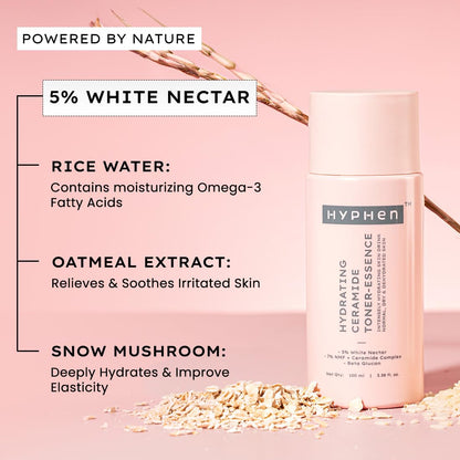 Hyphen toner bottle with ingredients listed on a pink background