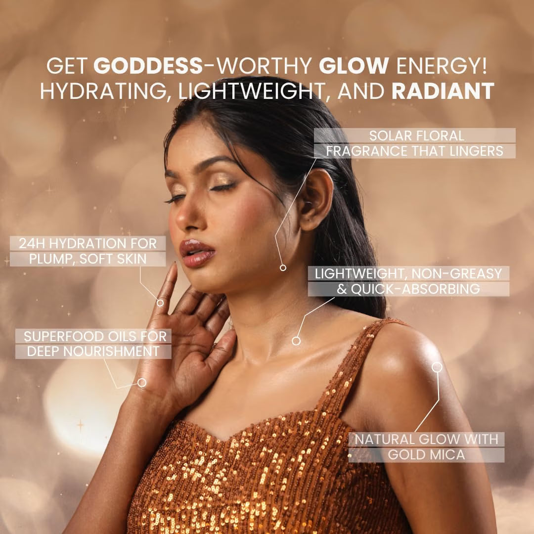 Suroskie Glow Drip 50ml Body Highlighter (Golden Hour, with Brush) | Shimmer for Radiant & Luminous Skin | Non-Greasy & Quick Absorbing | with Superfood Oils & Gold Mica | Body Shimmer for Women