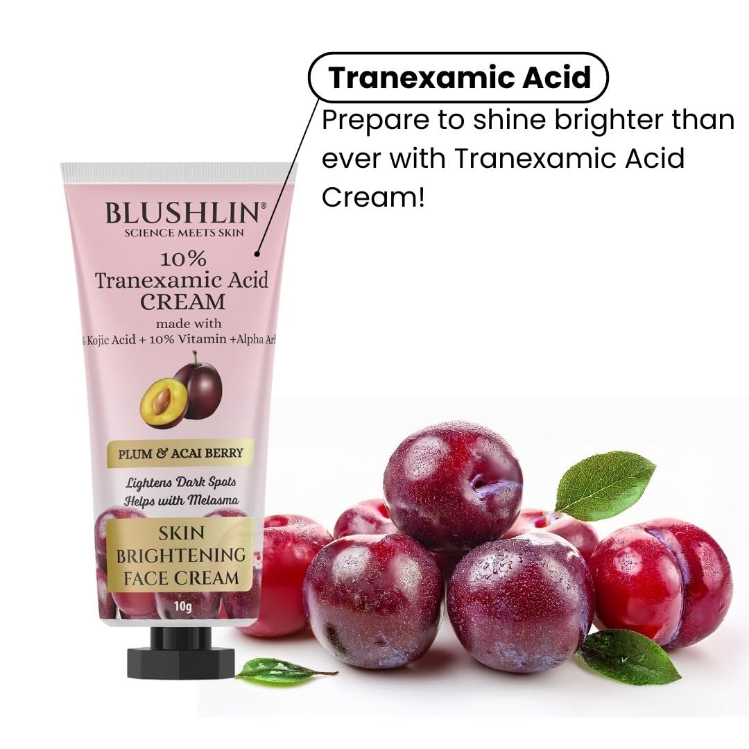 BLUSHLIN 10% Tranexamic Acid Cream with 2% Kojic Acid + 5% Vitamin C + 1% Arbutin | Pigmentation Removal Face Cream | Helps Even Skin Tone, Reduce Dark Spots, Blemishes and Scars - 10gm
