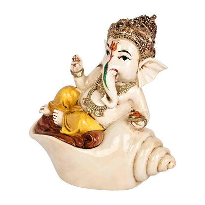 Lord Ganesh Idol 13 x 12 cm | Colourful Polyresin Statue of Ganesh Sitting on Shell | Handcrafted Decorative Figurine for Pooja Mandir, Home Temple, Showcase & Gifting
