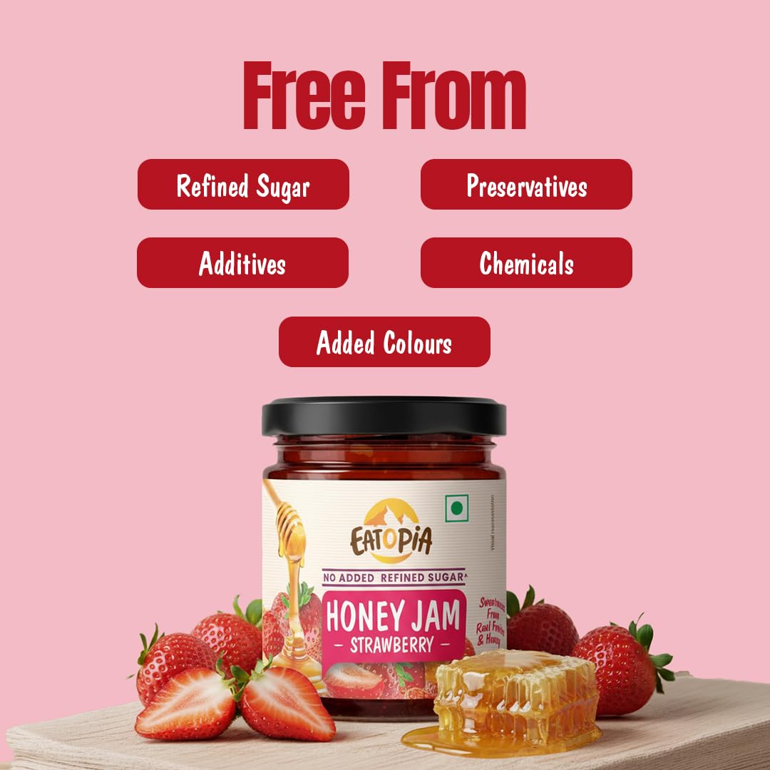 Eatopia Sugar Free Strawberry Honey Jam | 100% Pure & Natural | Healthy Jam for Kids & Adults | No Added Flavours & Preservatives | 70% Real Strawberries | Sweetness from Real Fruits & Honey | Pack of 1 | 240g